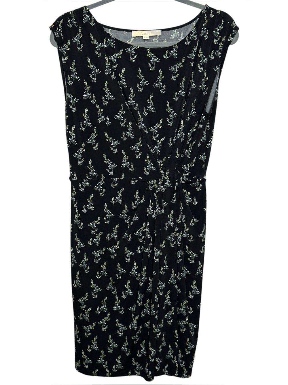LOFT Black Floral Twist-Front Sheath Dress Size Medium